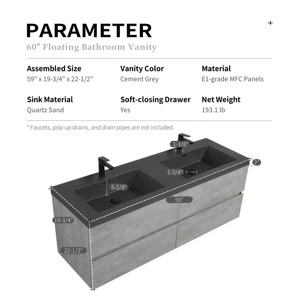 60 Inch Cement Grey Floating Vanity with Double Sinks