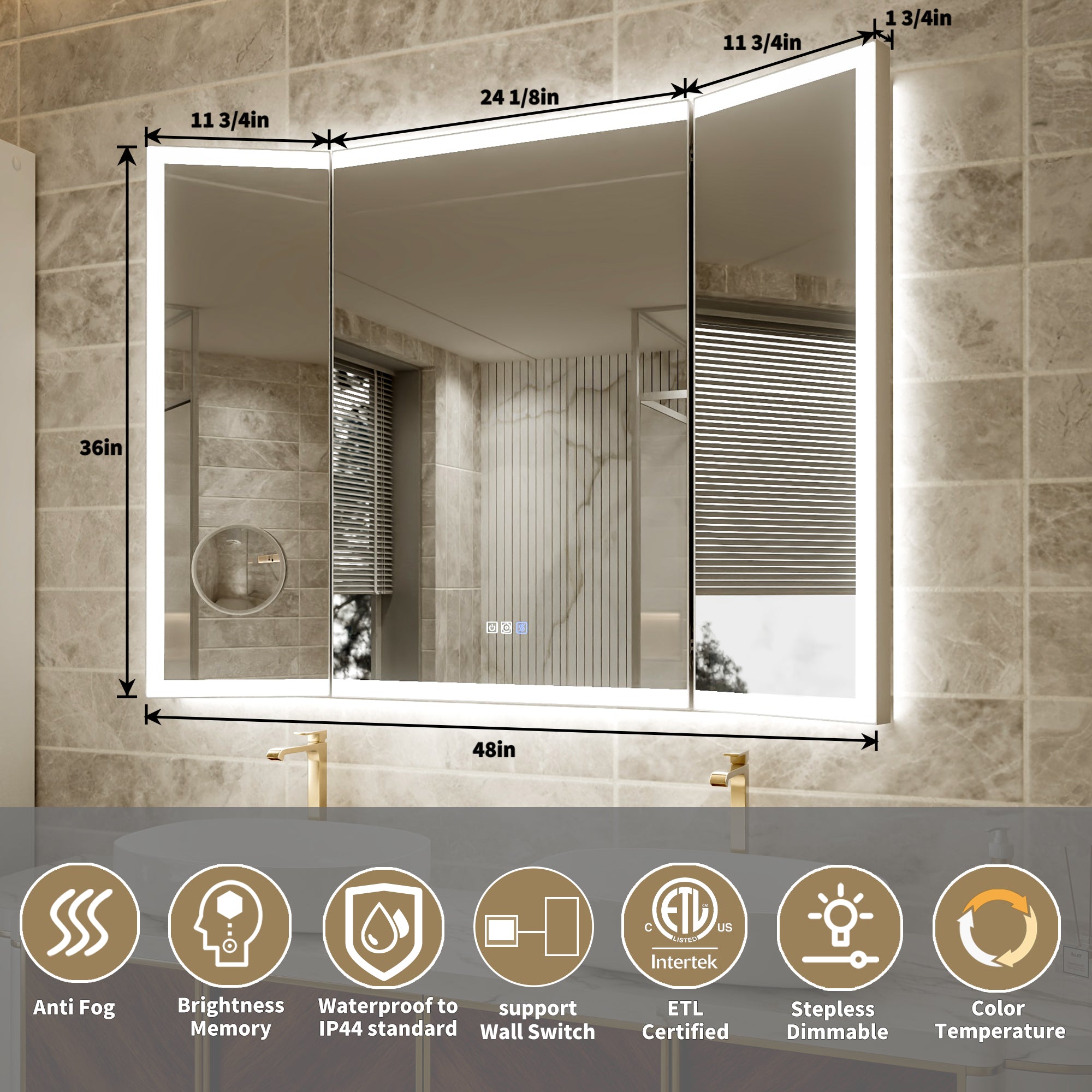 48x36 Lighting Trifold Bathroom Mirror with Magnifier