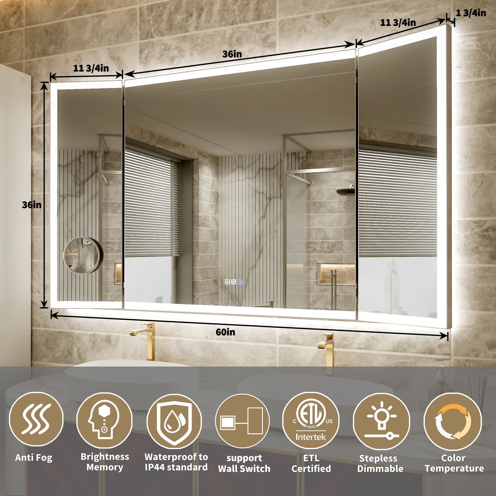 60x36 Lighting Trifold Bathroom Mirror with Magnifier