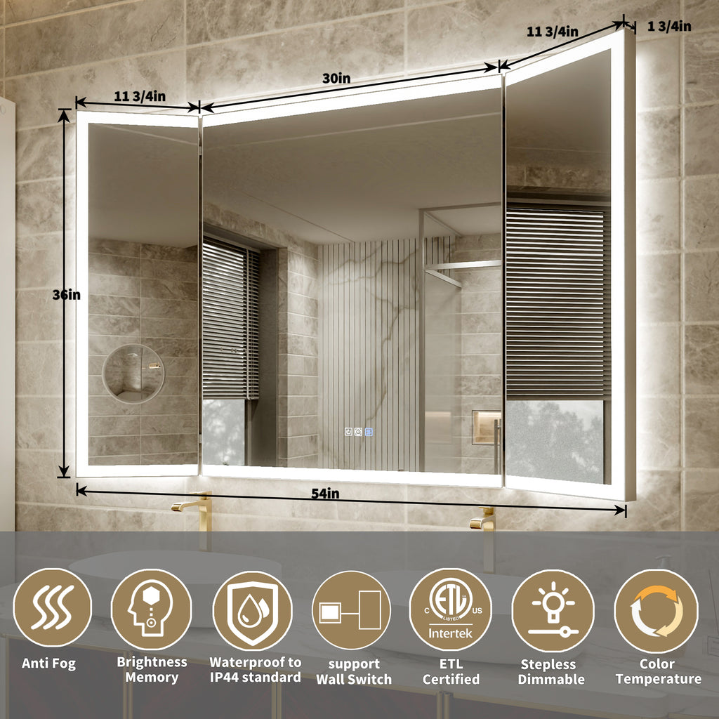 54x36 Lighting Trifold Bathroom Mirror with Magnifier