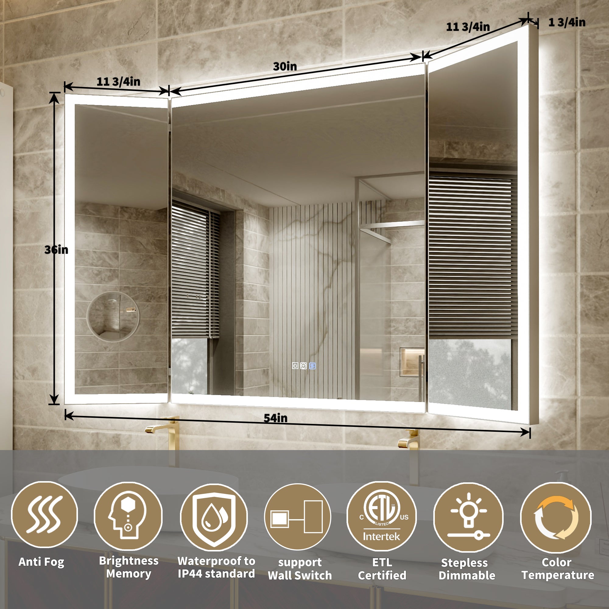 54x36 Lighting Trifold Bathroom Mirror with Magnifier