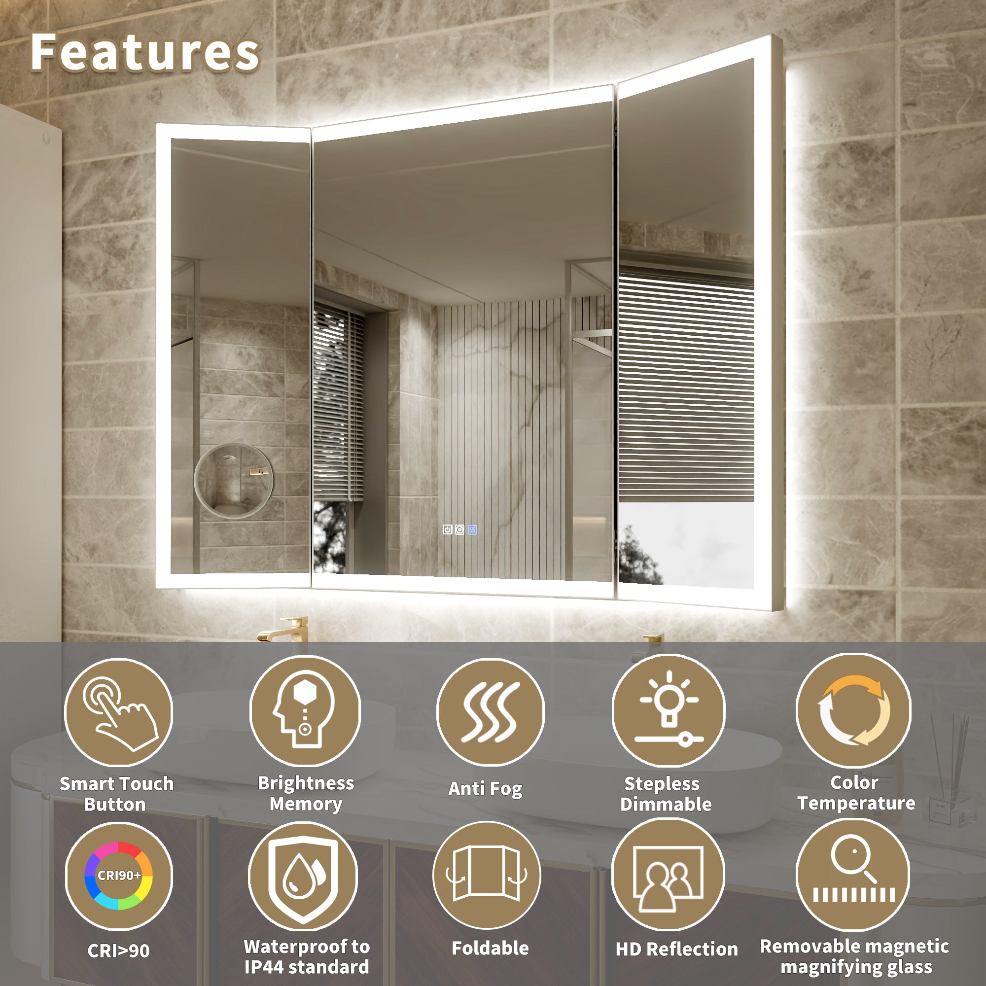 48x36 Lighting Trifold Bathroom Mirror with Magnifier