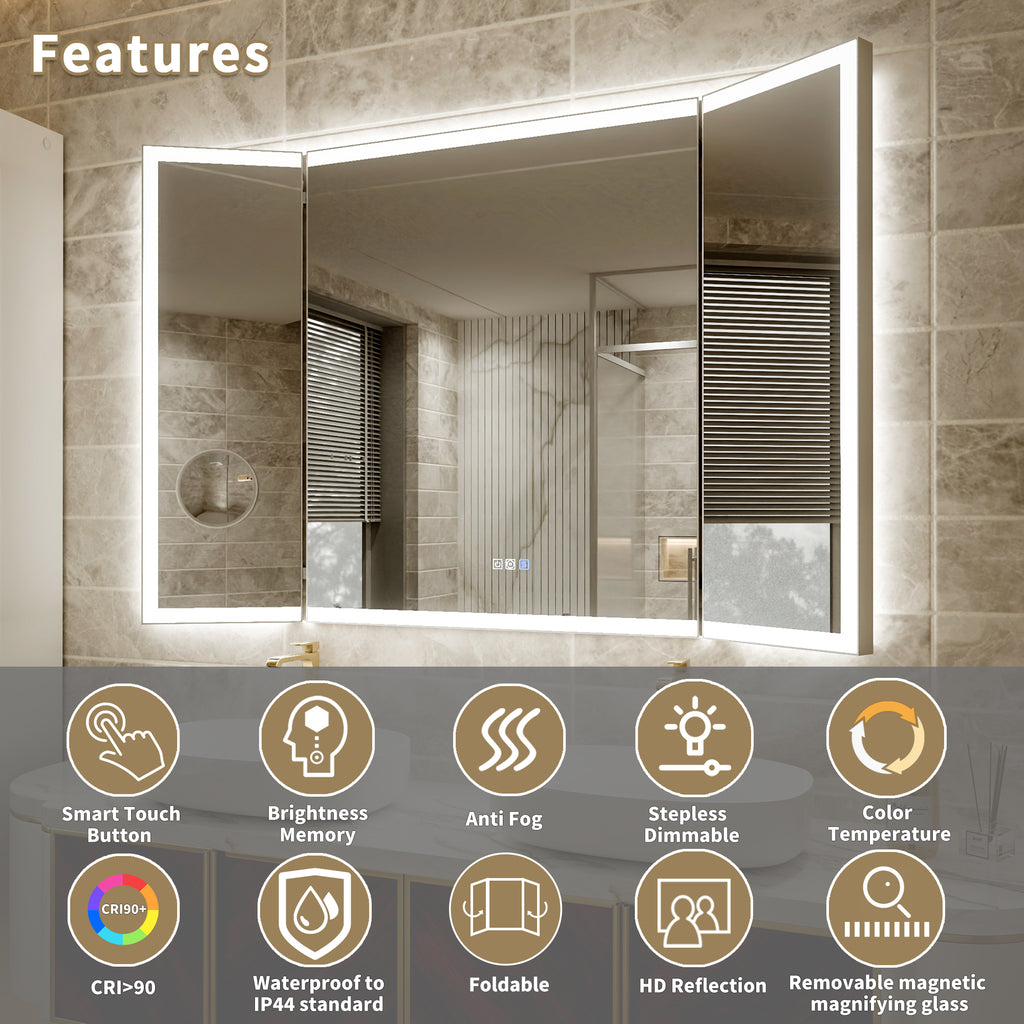 54x36 Lighting Trifold Bathroom Mirror with Magnifier