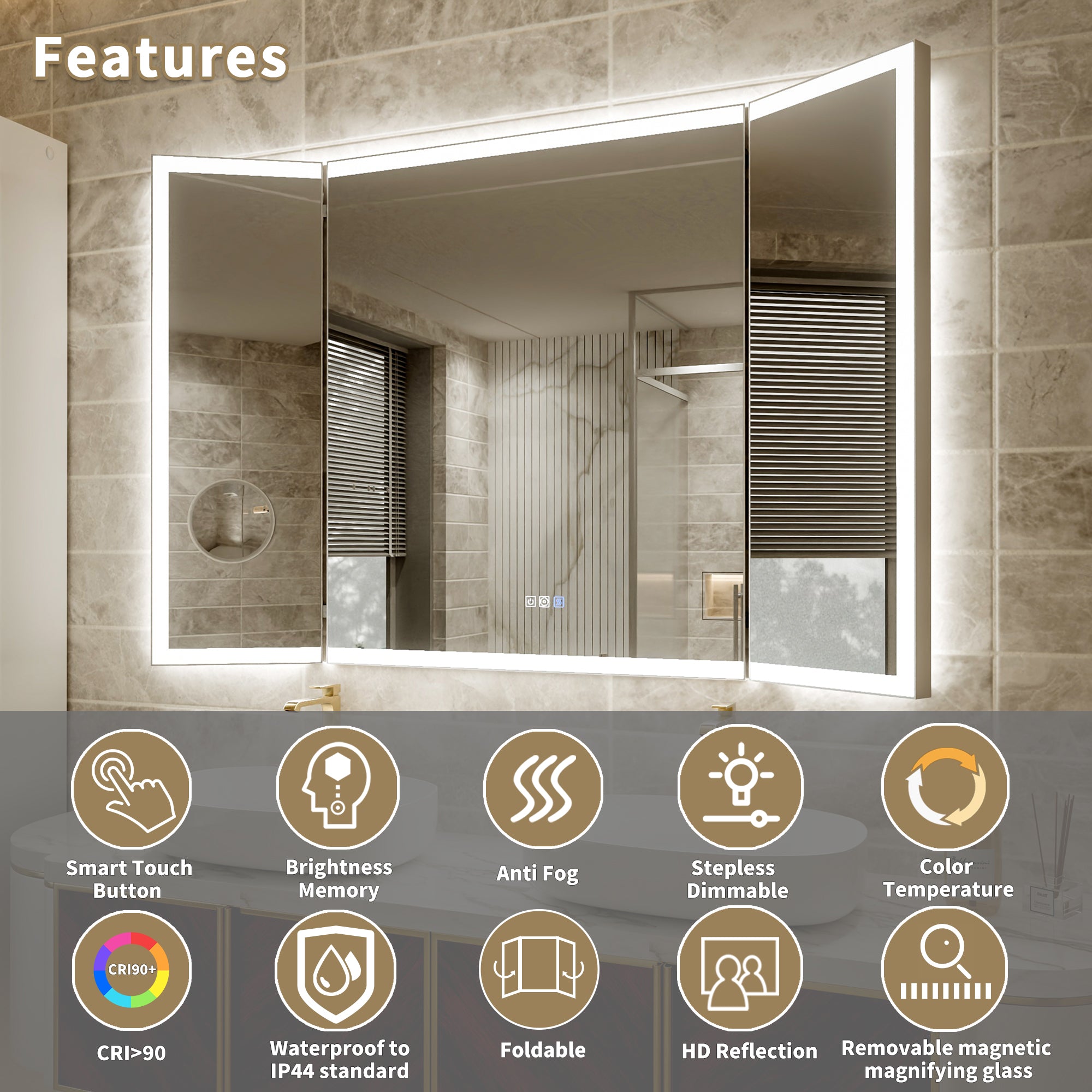 54x36 Lighting Trifold Bathroom Mirror with Magnifier
