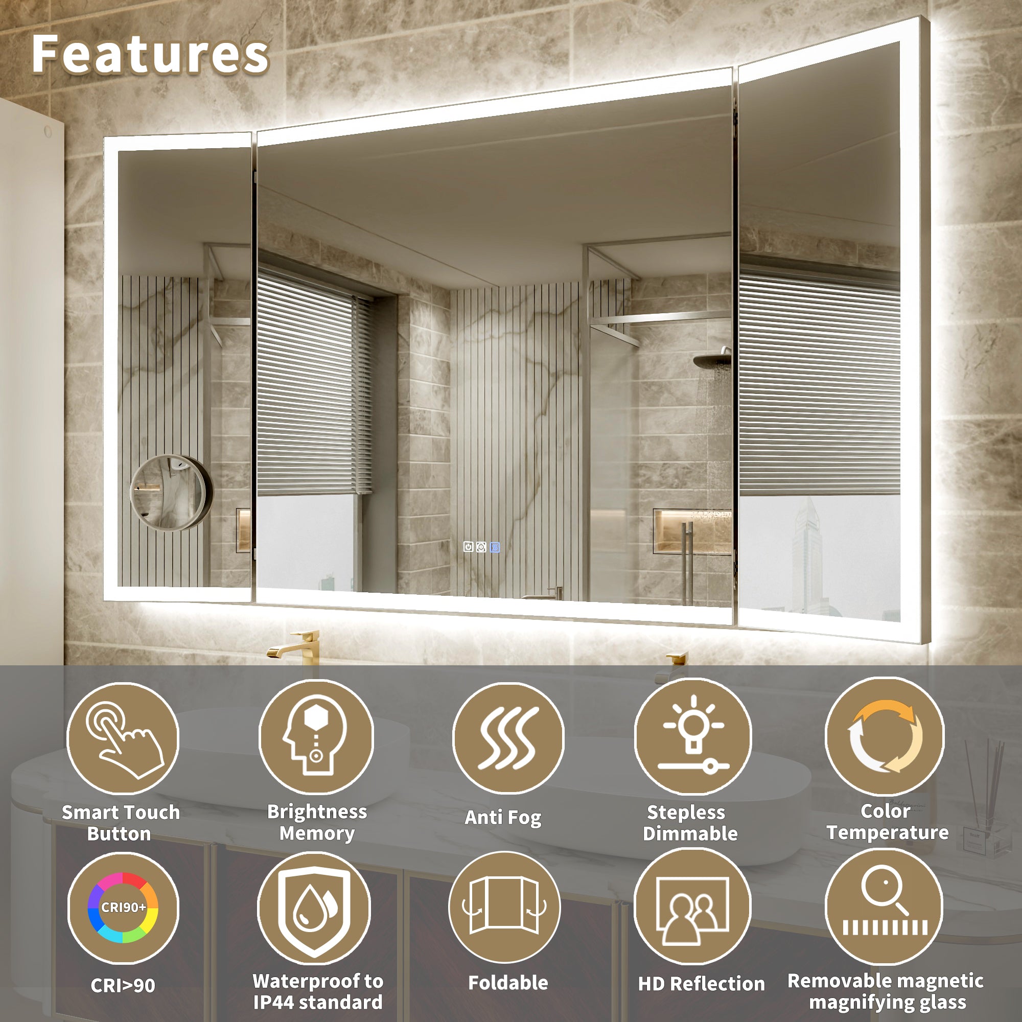 60x36 Lighting Trifold Bathroom Mirror with Magnifier