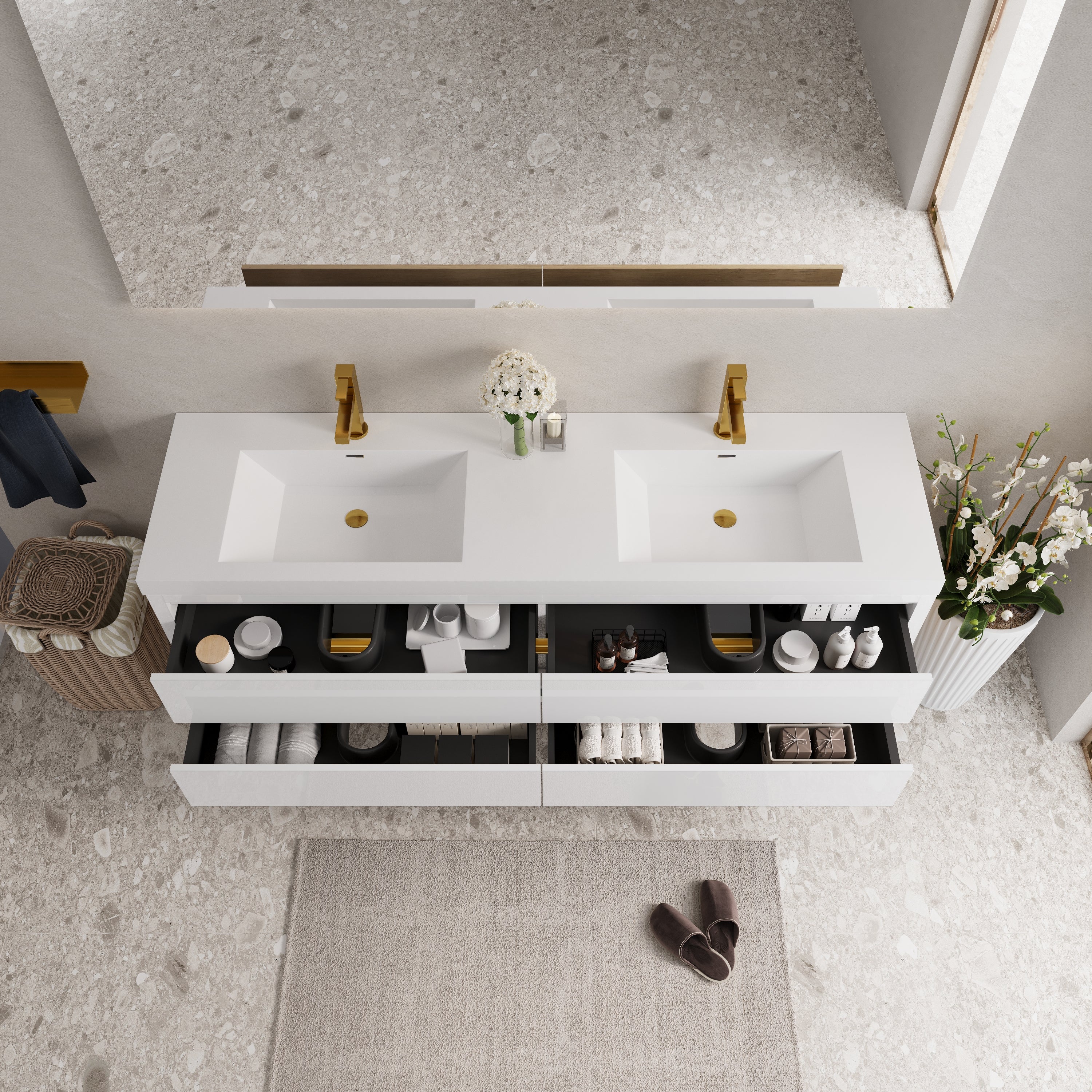 72 Inch White Floating Vanity with Double Sinks