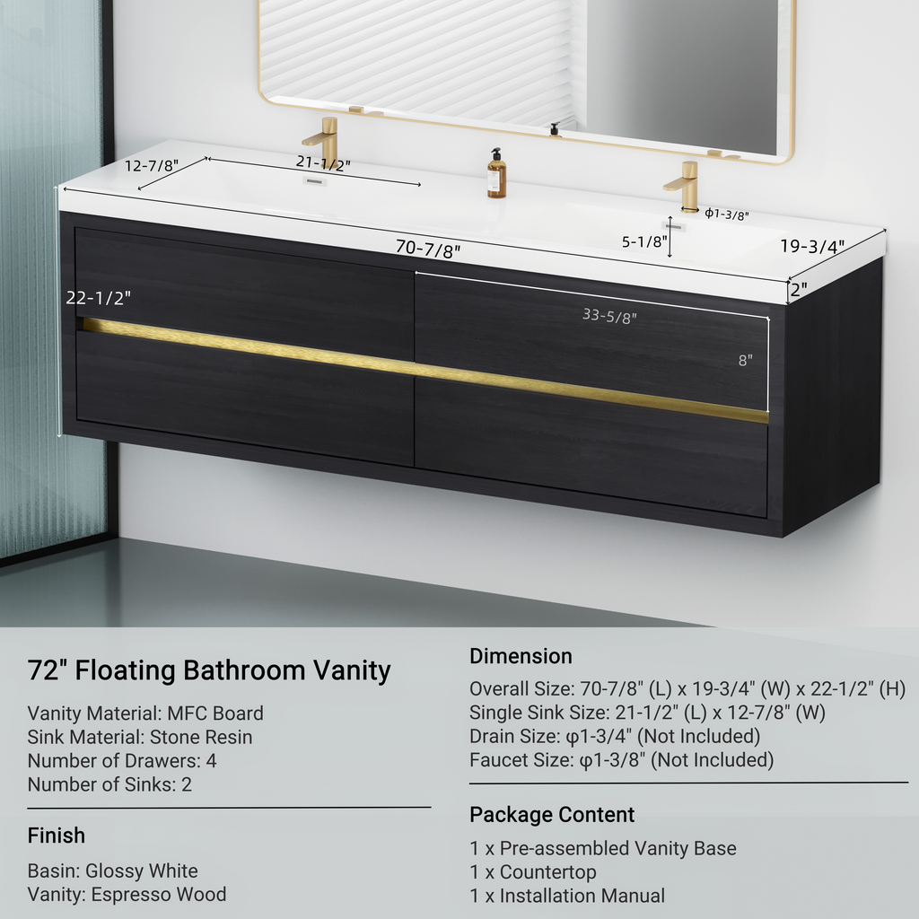 72 Inch Black Espresso Wood Floating Vanity with Double Sinks