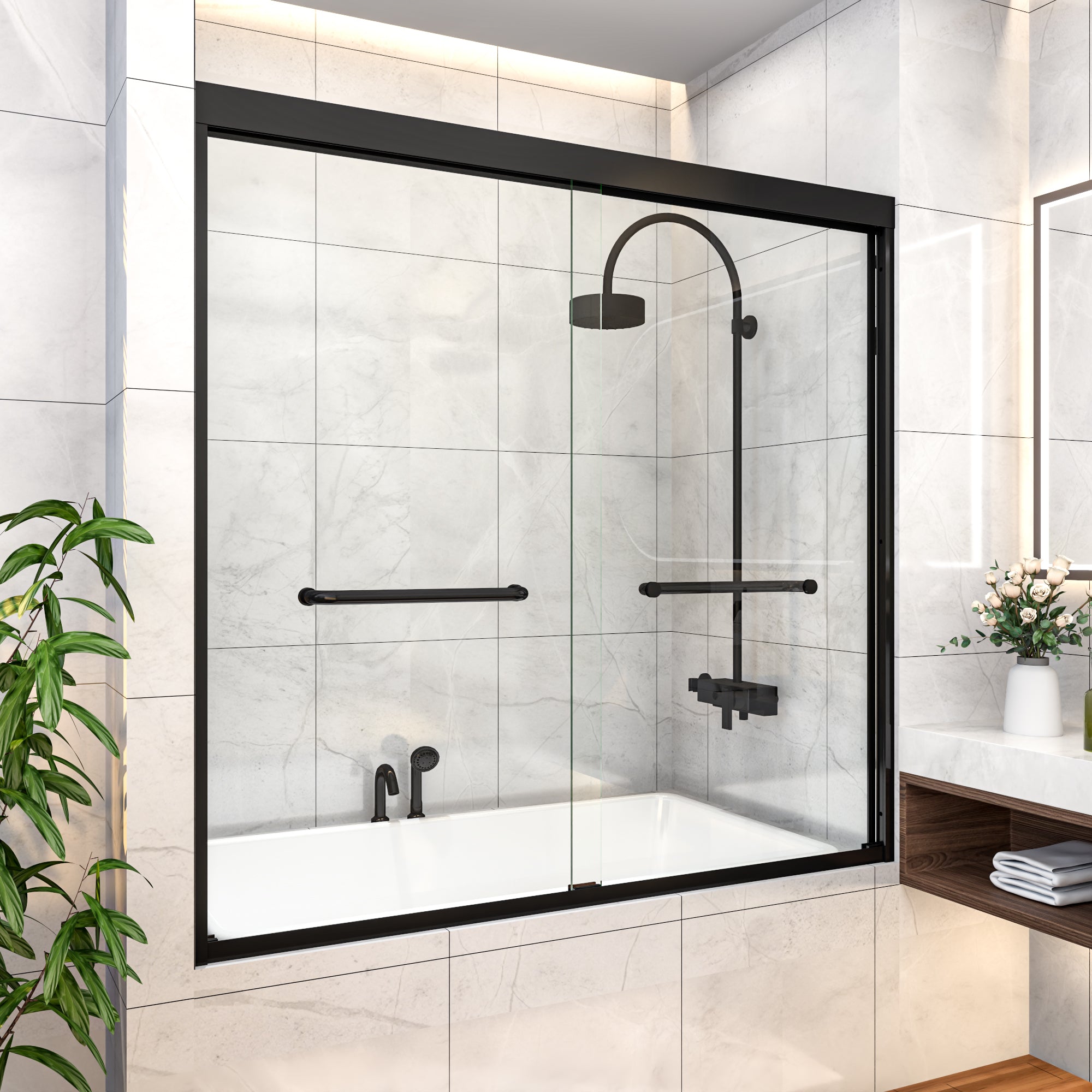 58-60"W x 58"H Bypass Black Shower Door for Bathtub