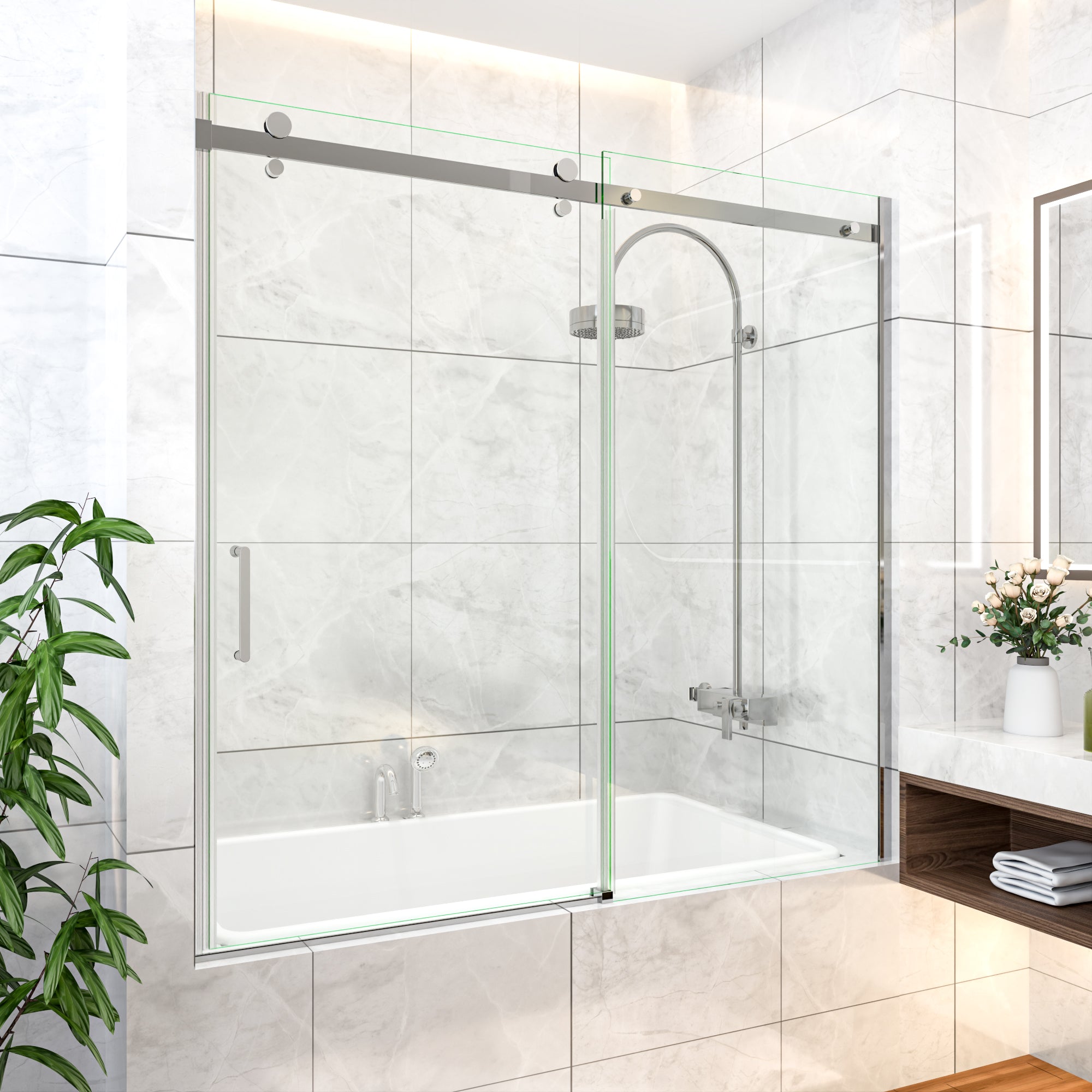 56-60" W x 58" H Frameless Black Shower Door for Bathtub