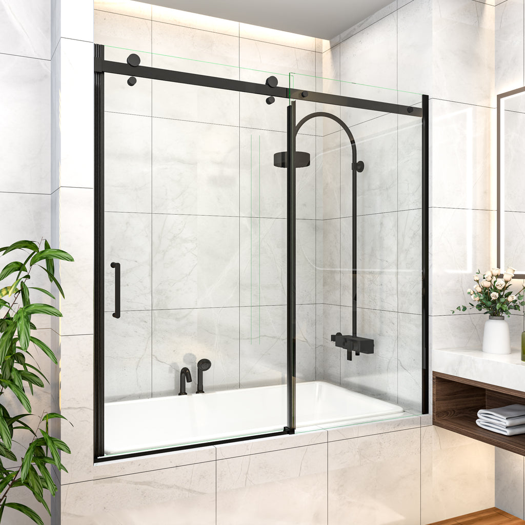 56-60" W x 58" H Frameless Black Shower Door for Bathtub