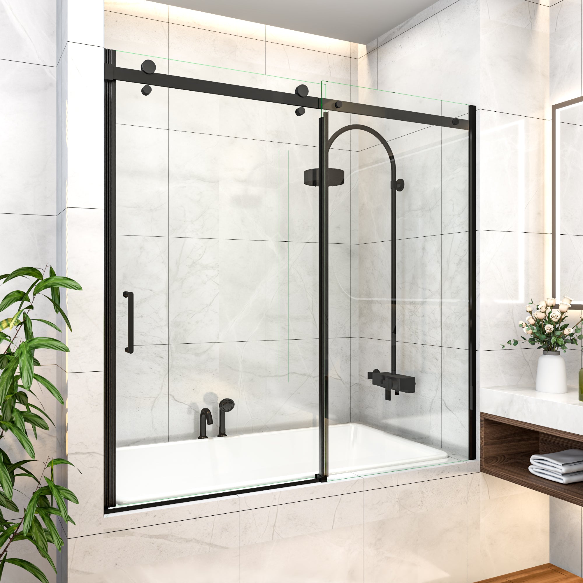 56-60" W x 58" H Frameless Black Shower Door for Bathtub