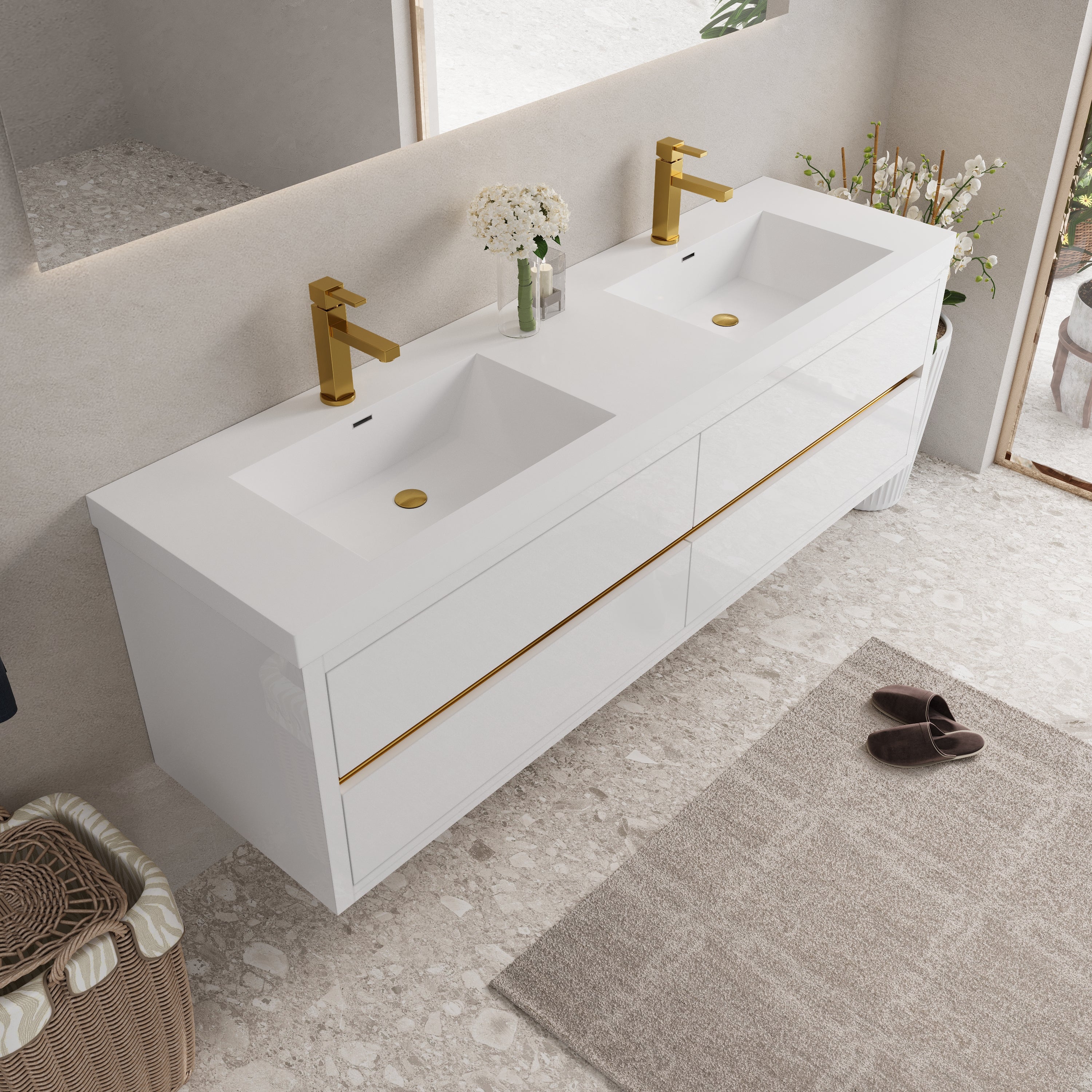 72 Inch White Floating Vanity with Double Sinks