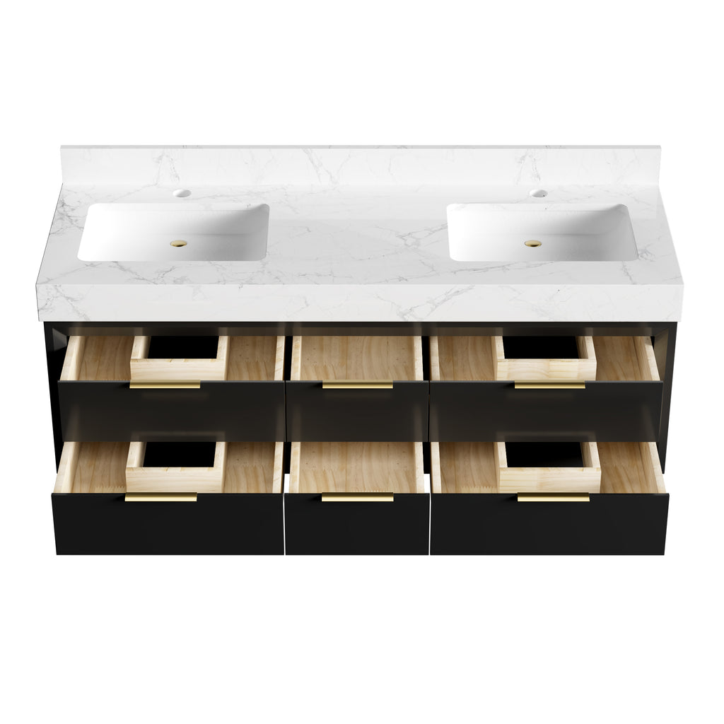 60" Floating Bathroom Vanity with Double Sinks & Lights, Black Wall Mount Vanity Cabinet