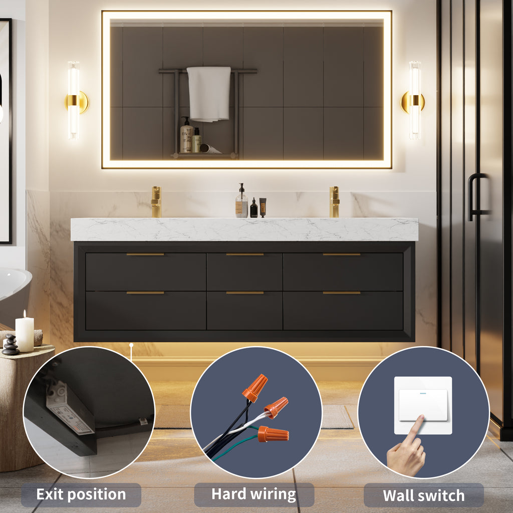 60" Floating Bathroom Vanity with Double Sinks & Lights, Black Wall Mount Vanity Cabinet