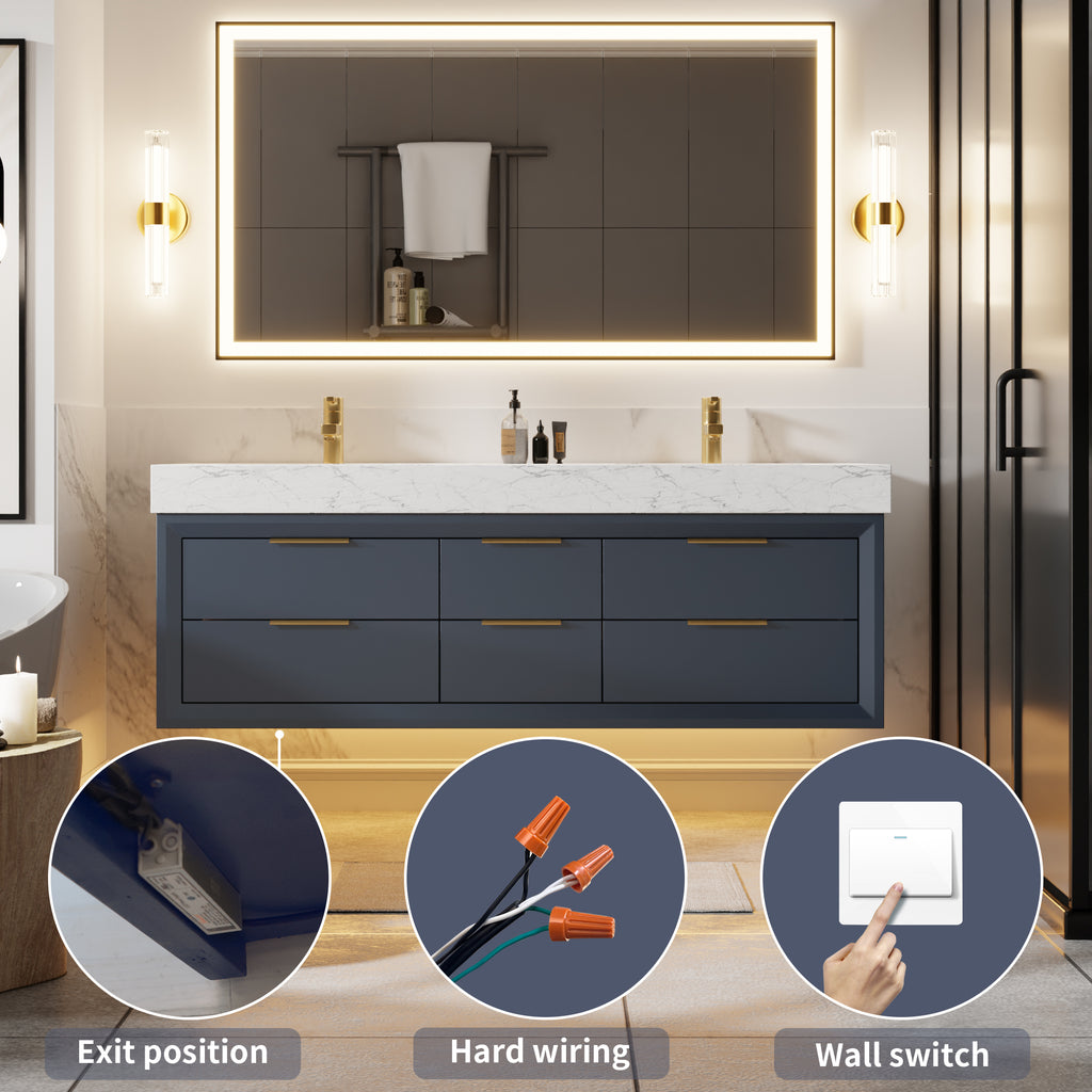 60" Floating Bathroom Vanity with Double Sinks & Lights, Blue Wall Mount Vanity Cabinet