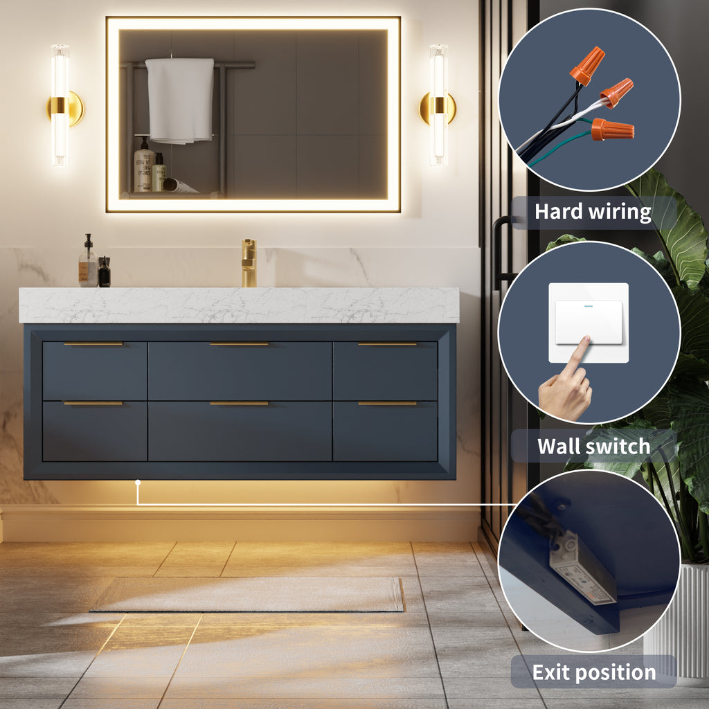 48" Floating Bathroom Vanity with Sink & Lights, Blue Wall Mount Vanity Cabinet
