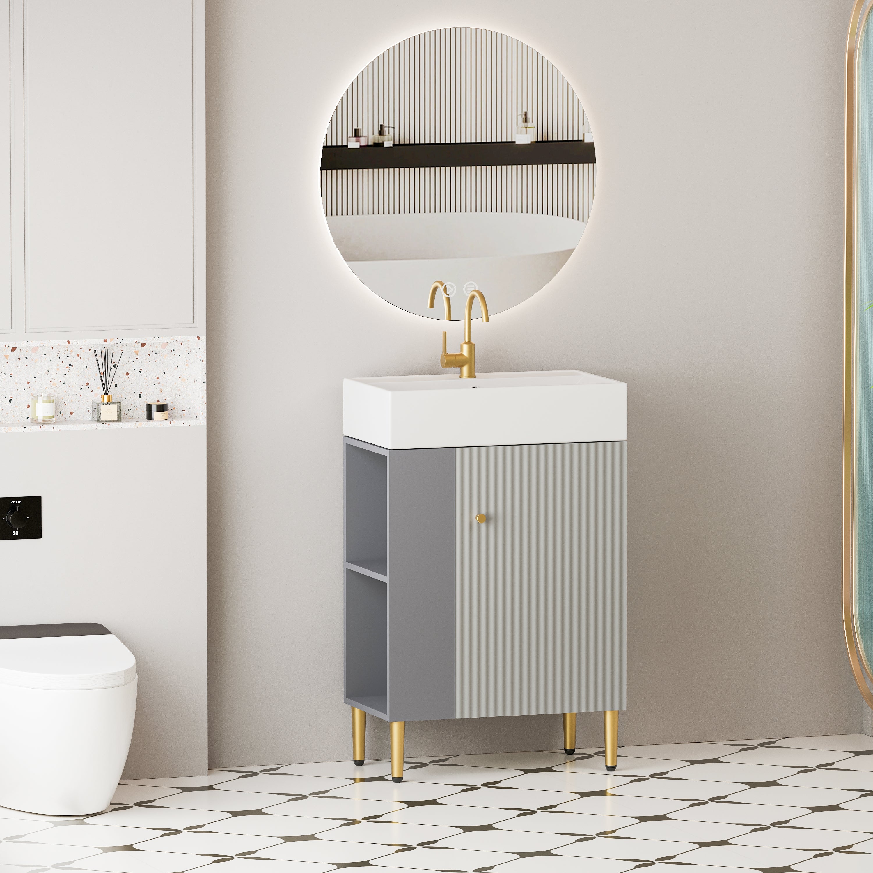 21.6" Gray Small Freestanding Vanity with Sink-RIght Handed Open