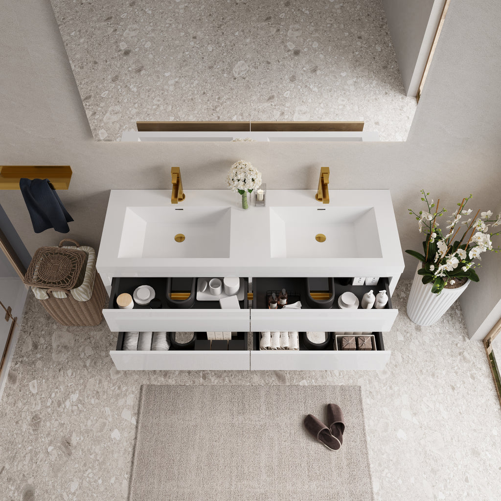 60 Inch White Floating Vanity with Double Sinks