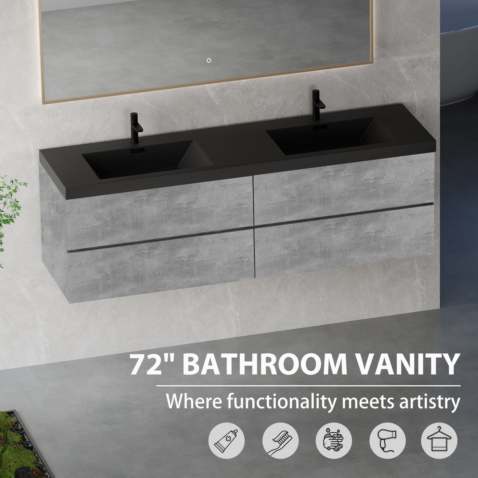 72-Inch Floating Vanity Bathroom 2 Sinks Cabinet Wall Mount
