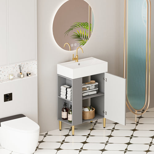 21.6" Gray Small Freestanding Vanity with Sink-RIght Handed Open