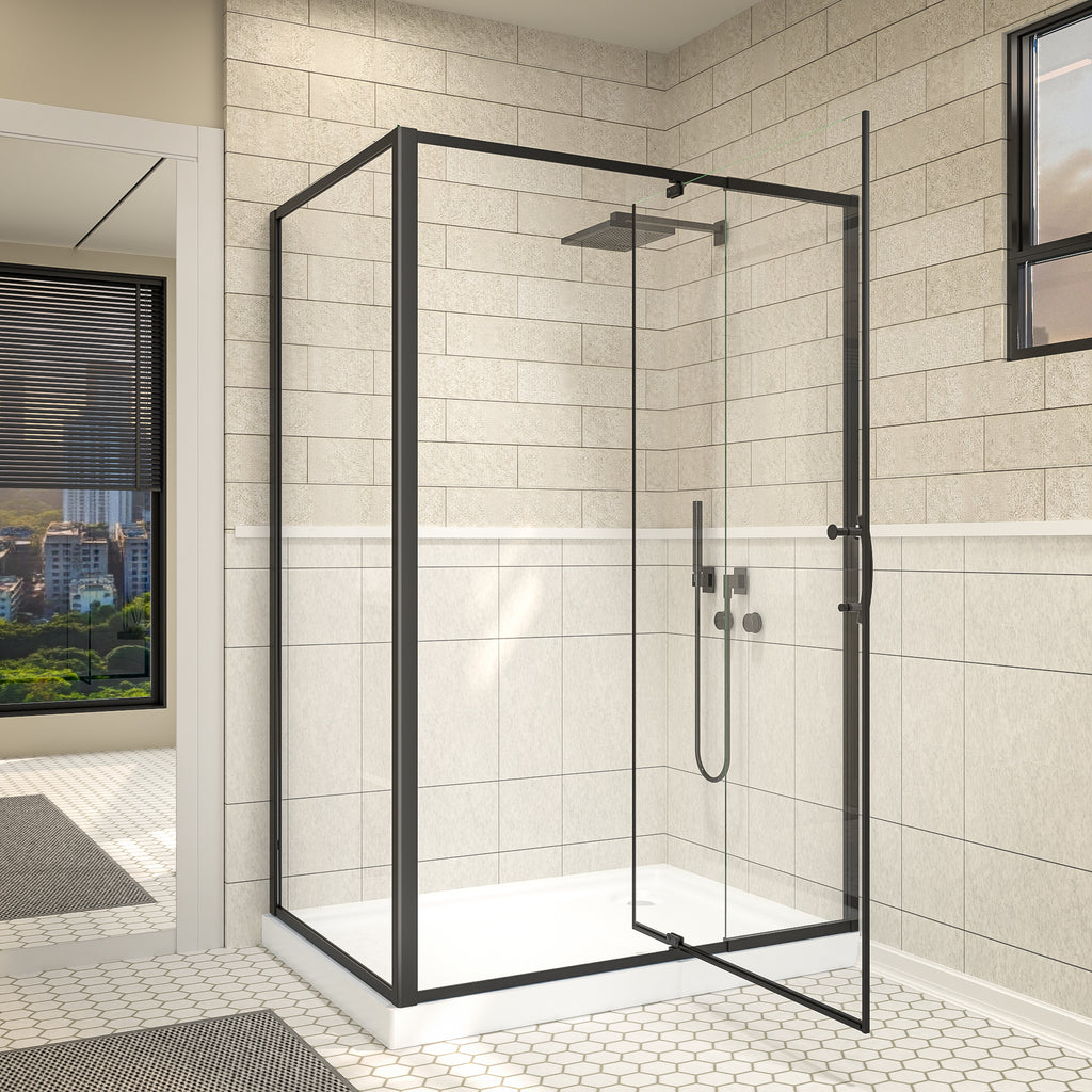 48"Wx35“Dx71”H Matte Black Semi-Frameless Shower Enclosure,1/4" Tempered Glass