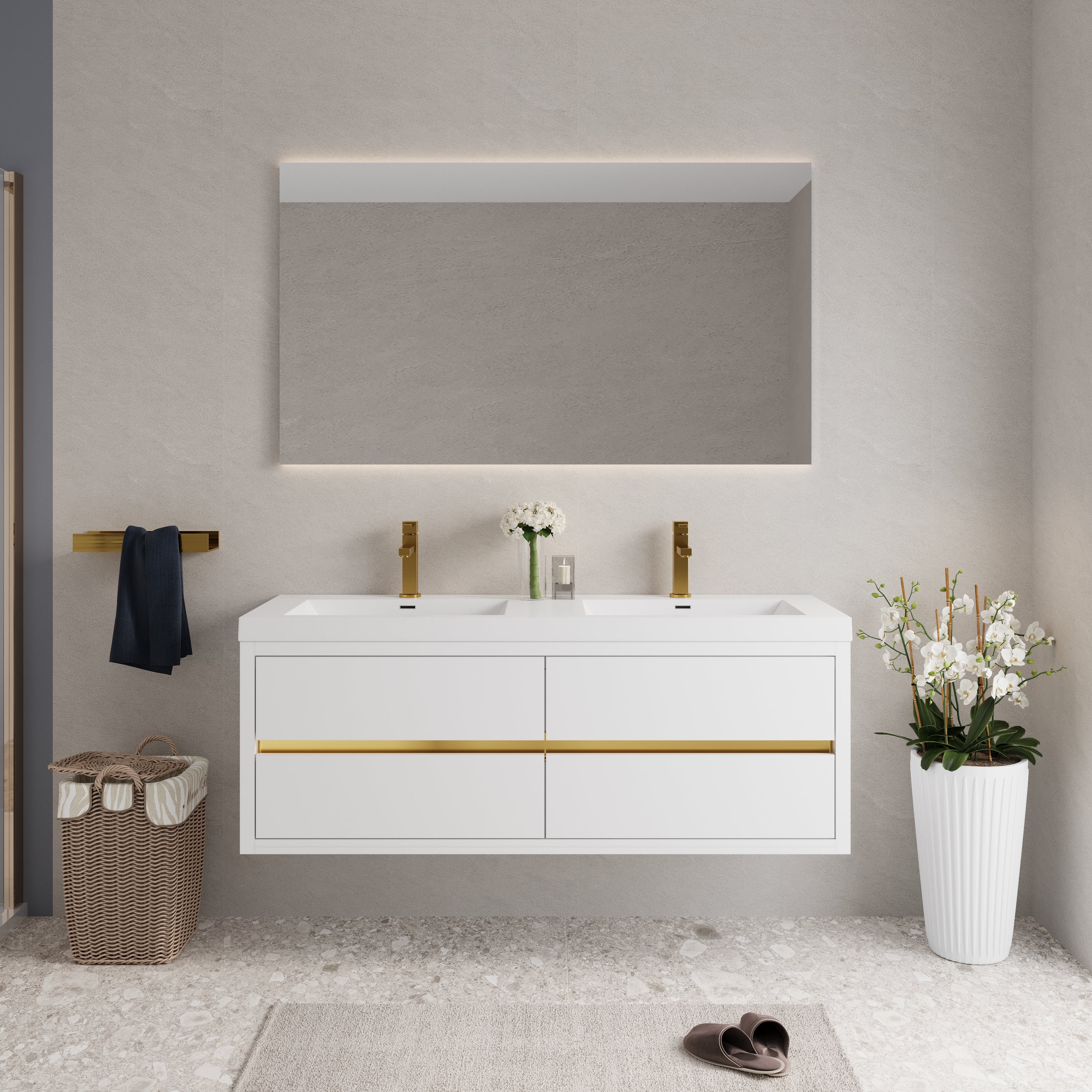 60 Inch White Floating Vanity with Double Sinks