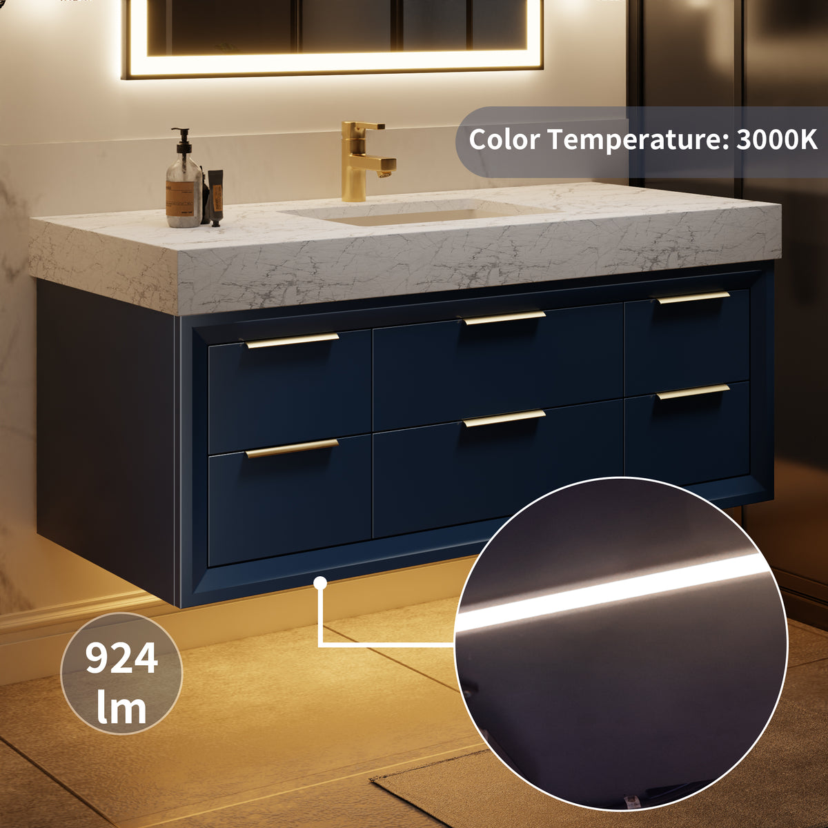 48" Floating Bathroom Vanity with Sink & Lights, Blue Wall Mount Vanity Cabinet