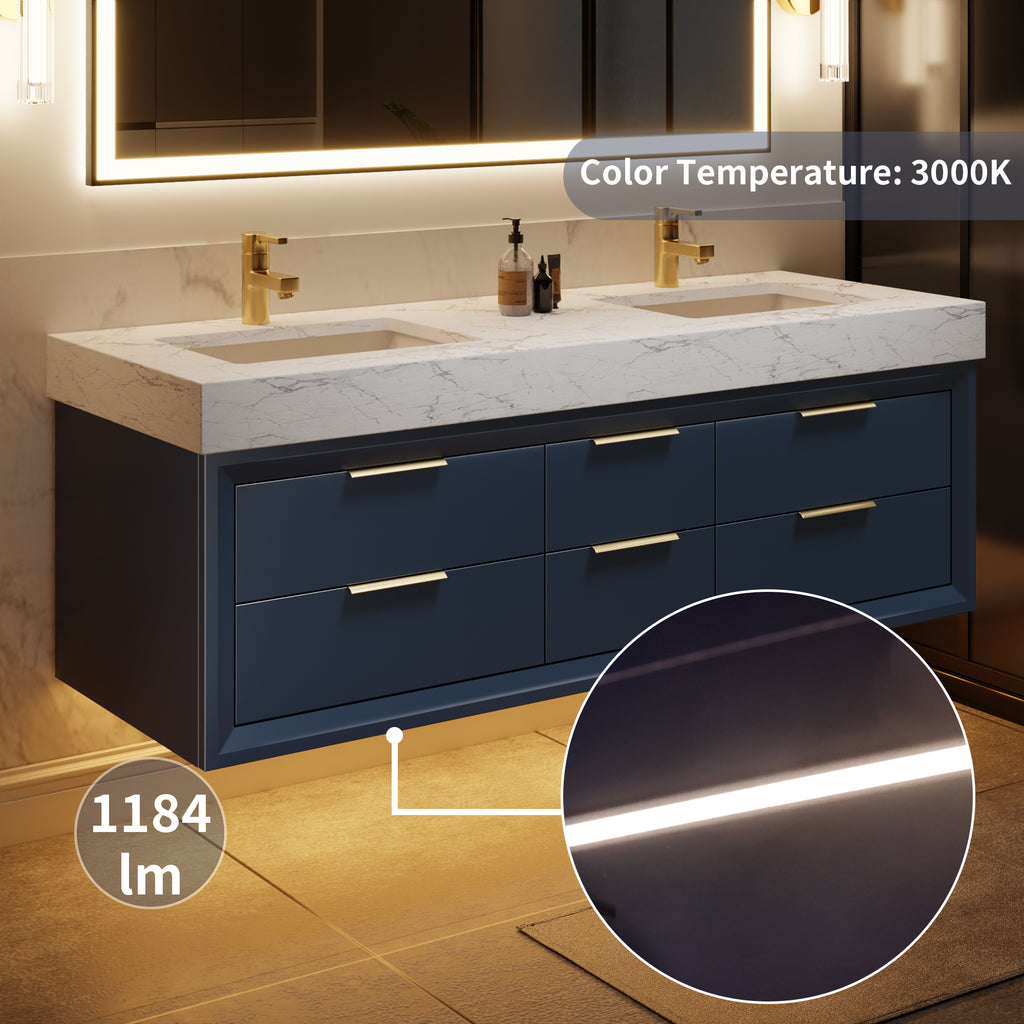 60" Floating Bathroom Vanity with Double Sinks & Lights, Blue Wall Mount Vanity Cabinet