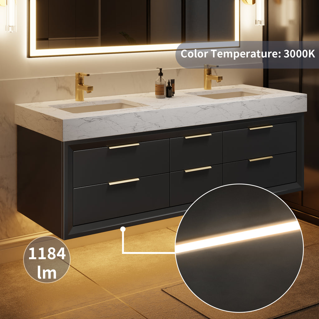 60" Floating Bathroom Vanity with Double Sinks & Lights, Black Wall Mount Vanity Cabinet