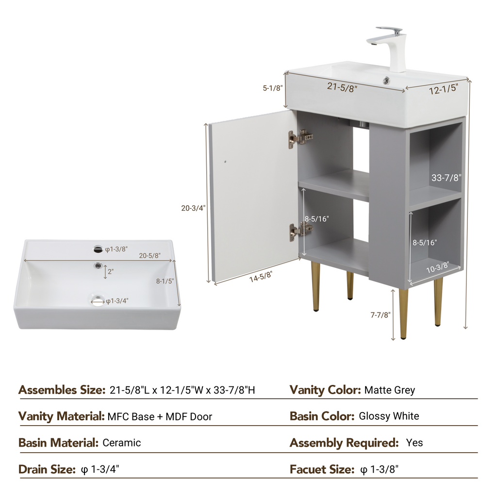 21.6" Gray Small Freestanding Vanity with Sink-Left Handed Open