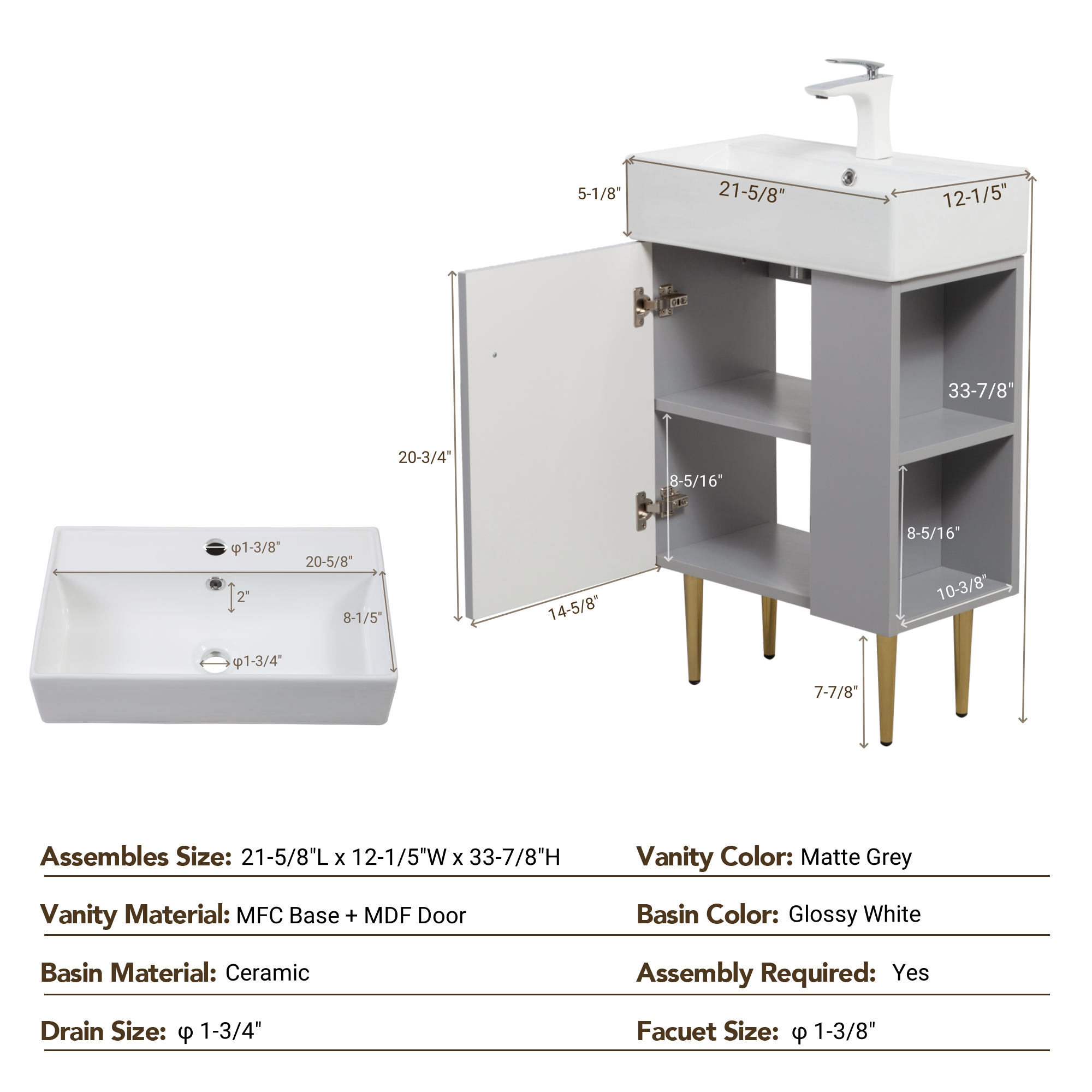 21.6" Gray Small Freestanding Vanity with Sink-Left Handed Open