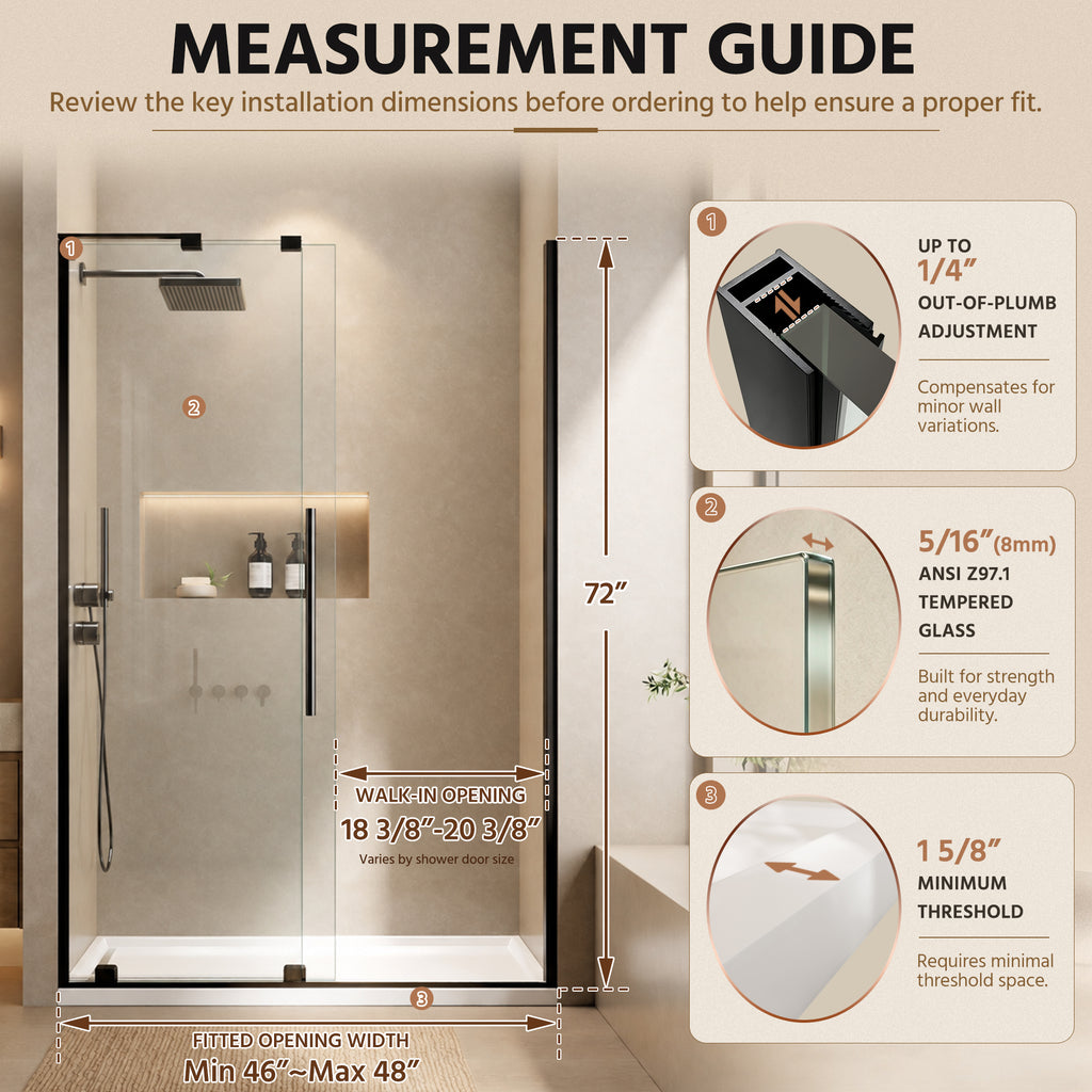 48" Frameless Sliding Shower Door Open-Top Design