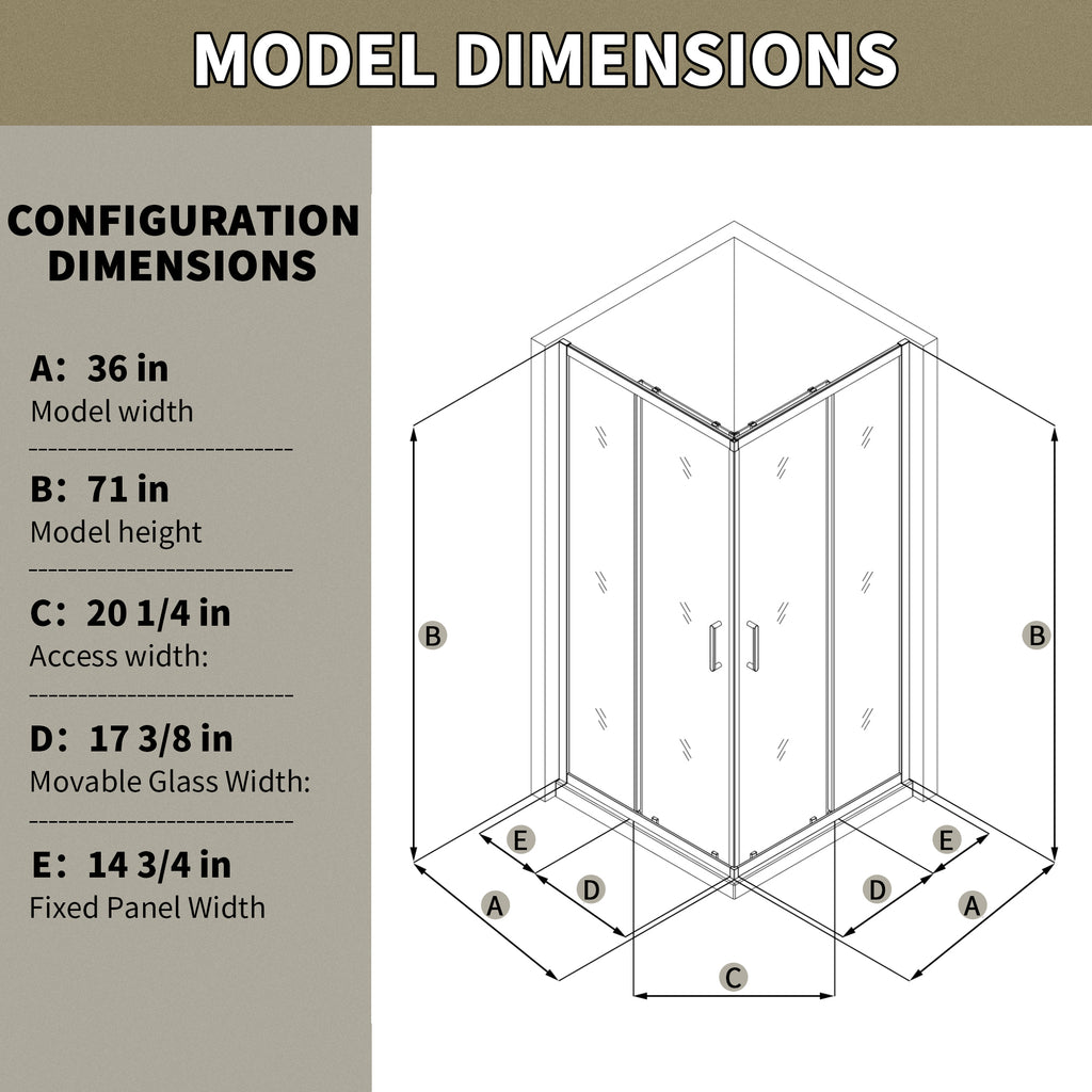 36"W x 36"D x 71"H Coner Shower Enclosure with Frame