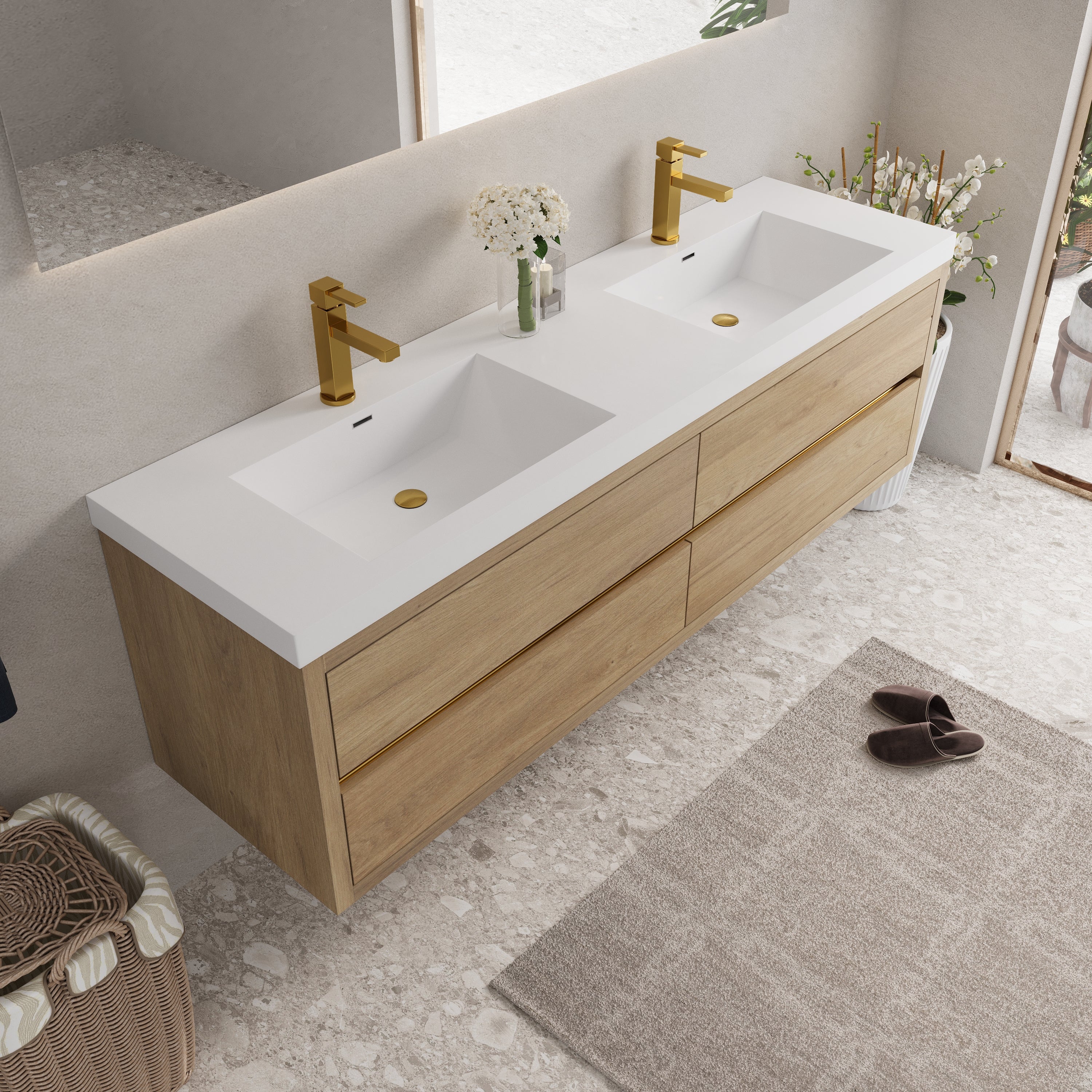 72 Inch Natural Oak Floating Vanity with Double Sinks